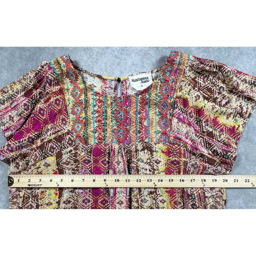 Savanna Jane Womens 1X Rayon Blouse Brown Geometric Embroidered Boho Peasant - Picture 7 of 8